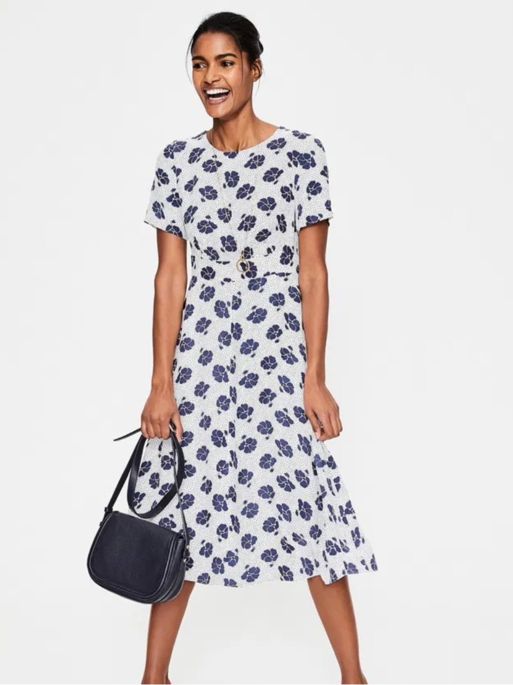 Boden Midi Dress Ivory Navy Blue Primrose Floral Size 6 Petite